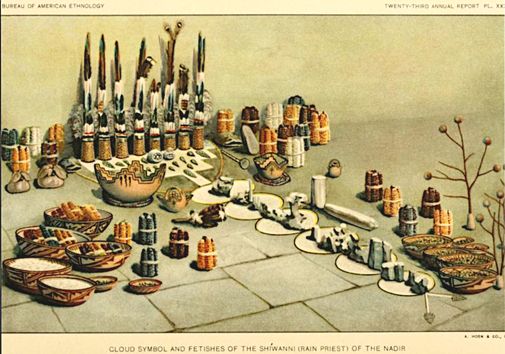 Zuñi ceremonial Cloud symbol and fetishes of the Shiwanni (Rain priest) of the Nadir after grains offerings circa 1900